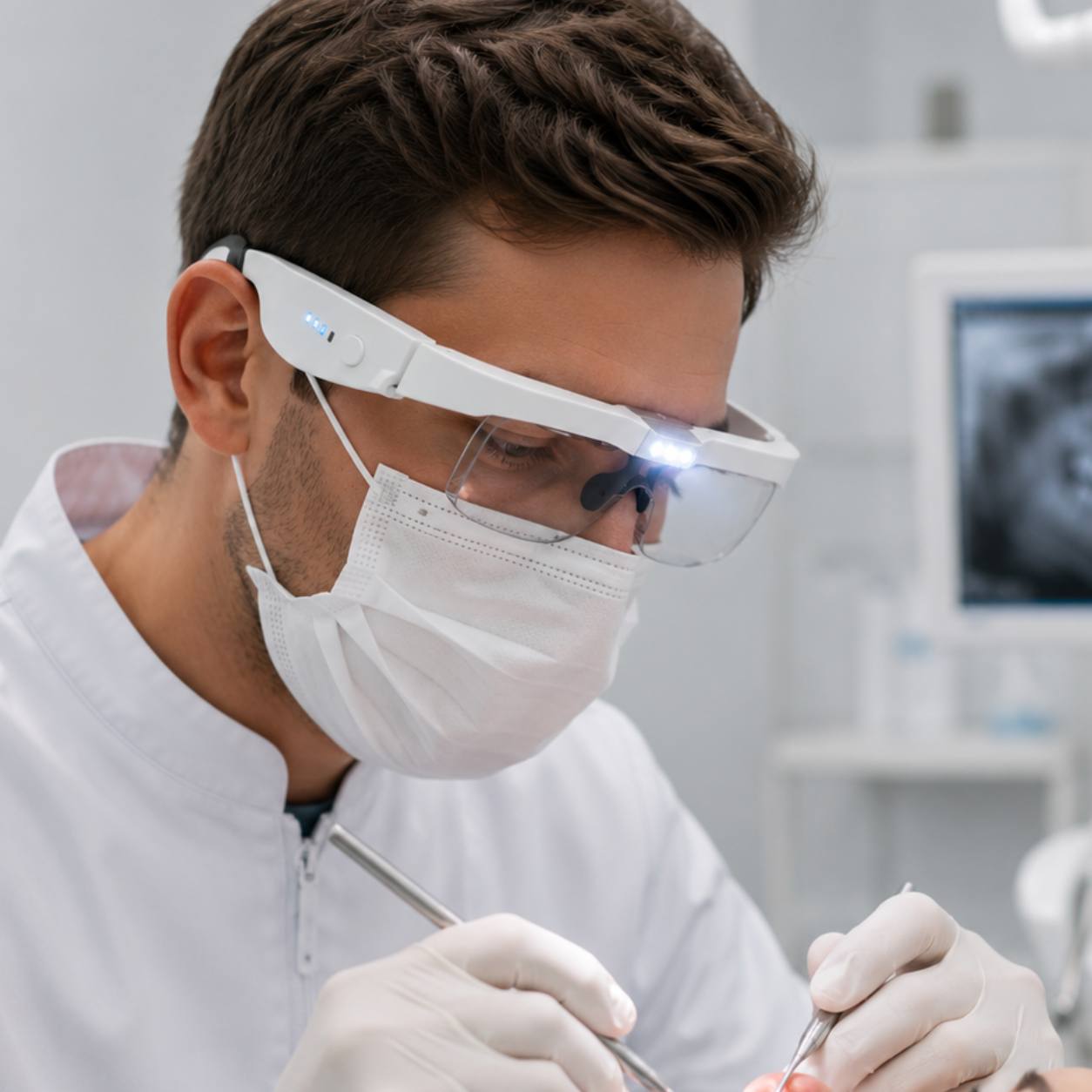 Lupa de cabeza con 3 luces LED frontales para odontología y estética