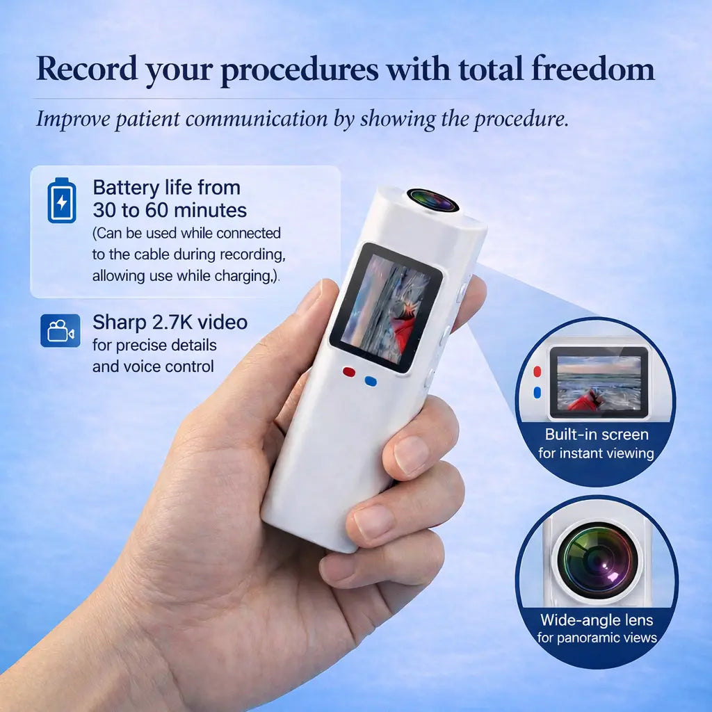 Record your procedures with total freedom — 30–60 min battery, 2.7K video, built-in screen and wide-angle lens